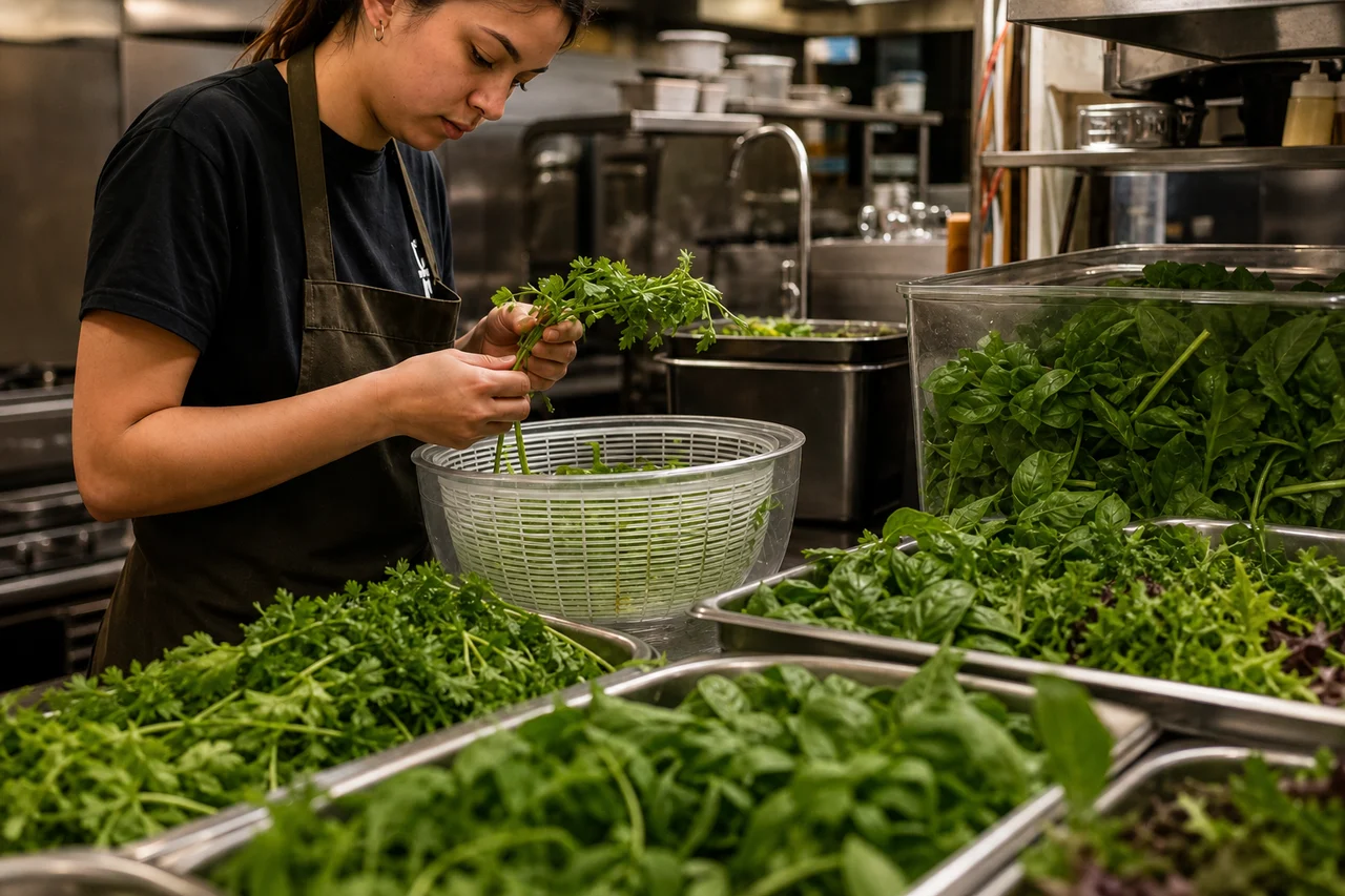 Restaurant prep cook sorting fresh leafy greens and herbs